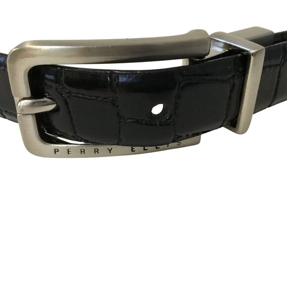 Perry Ellis Women / Men Black Croc-Embossed Vegan Leather Belt W Silver Buckle - Picture 3 of 5